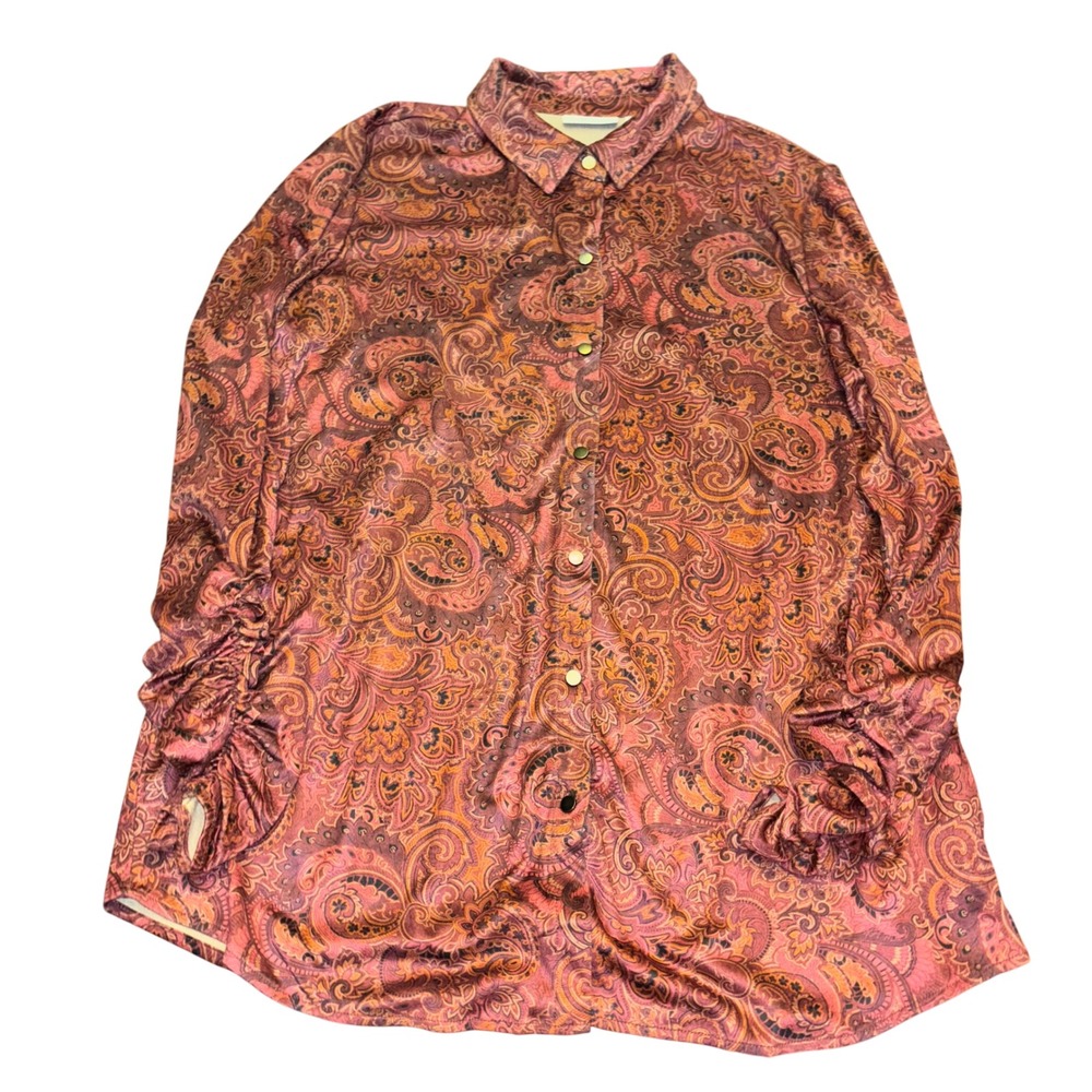 Susan Graver | Paisley Button Down | Long Sleeve Shirt | Size L‎ | Coral Orange